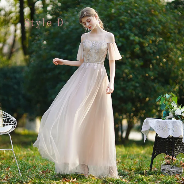 Affordable Champagne Bridesmaid Dresses 2020 A-Line / Princess Backless Appliques Lace Floor-Length / Long