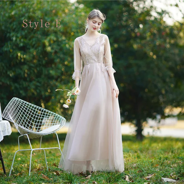 Affordable Champagne Bridesmaid Dresses 2020 A-Line / Princess Backless Appliques Lace Floor-Length / Long