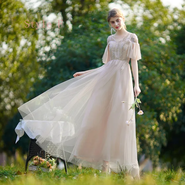 Affordable Champagne Bridesmaid Dresses 2020 A-Line / Princess Backless Appliques Lace Floor-Length / Long
