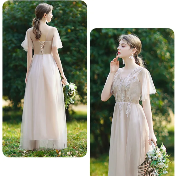 Affordable Champagne Bridesmaid Dresses 2020 A-Line / Princess Backless Appliques Lace Floor-Length / Long