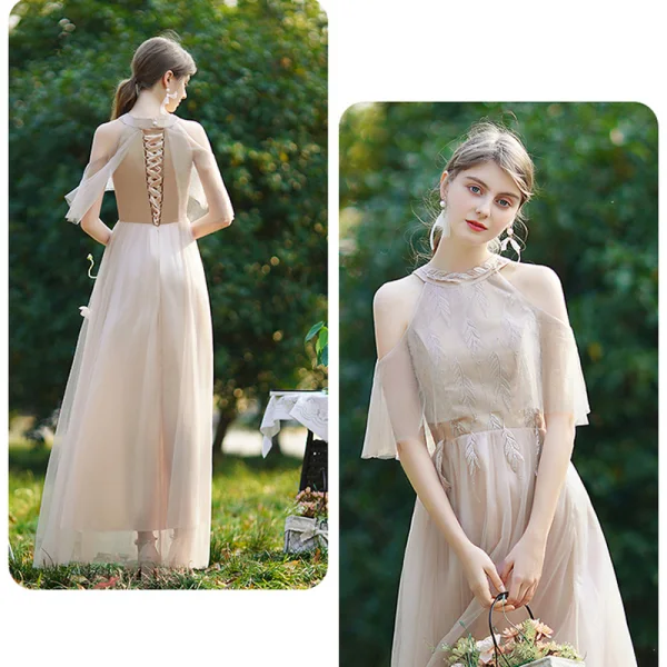 Affordable Champagne Bridesmaid Dresses 2020 A-Line / Princess Backless Appliques Lace Floor-Length / Long