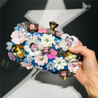 Flower Fairy Royal Blue Square Clutch Bags 2020 Metal Beading Handmade Flower