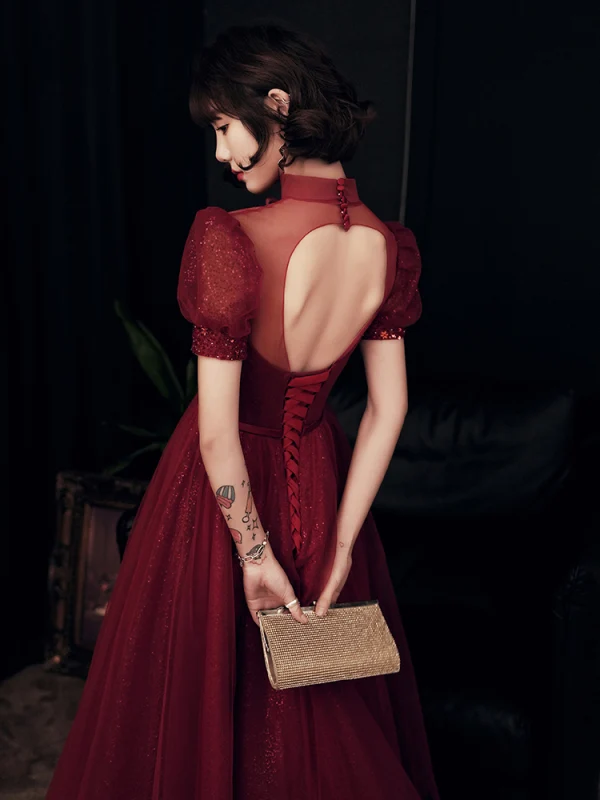 Vintage / Retro Burgundy Evening Dresses 2020 Princess High Neck Puffy Short Sleeve Beading Sequins Glitter Tulle Ankle Length Ruffle Backless Formal Vintage / Retro Burgundy Evening Dresses 2020 Princess High Neck Puffy Short Sleeve Beading Sequins Glitter Tulle Ankle Length Ruffle Backless Formal