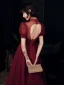 Vintage / Originale Bordeaux Robe De Soirée 2020 Princesse Col Haut Gonflée Manches Courtes Perlage Paillettes Glitter Tulle Longueur Cheville Volants Dos Nu Robe De Ceremonie