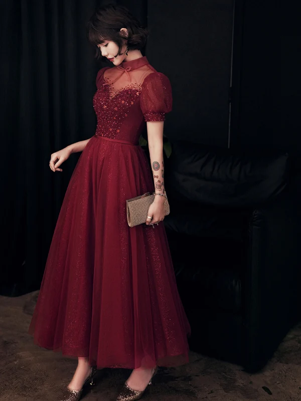 Vintage / Originale Bordeaux Robe De Soirée 2020 Princesse Col Haut Gonflée Manches Courtes Perlage Paillettes Glitter Tulle Longueur Cheville Volants Dos Nu Robe De Ceremonie
