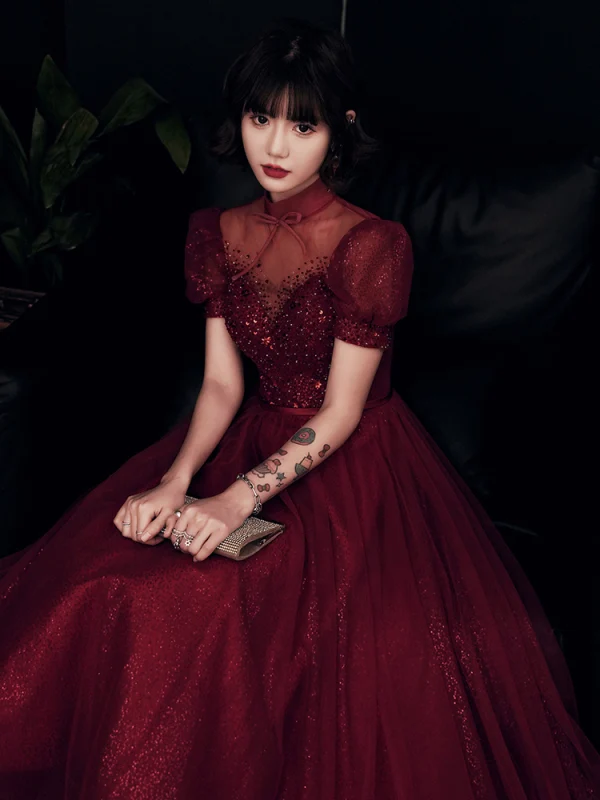Vintage / Retro Burgundy Evening Dresses 2020 Princess High Neck Puffy Short Sleeve Beading Sequins Glitter Tulle Ankle Length Ruffle Backless Formal