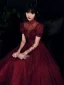 Vintage / Originale Bordeaux Robe De Soirée 2020 Princesse Col Haut Gonflée Manches Courtes Perlage Paillettes Glitter Tulle Longueur Cheville Volants Dos Nu Robe De Ceremonie
