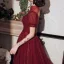 Vintage / Originale Bordeaux Robe De Soirée 2020 Princesse Col Haut Gonflée Manches Courtes Perlage Paillettes Glitter Tulle Longueur Cheville Volants Dos Nu Robe De Ceremonie