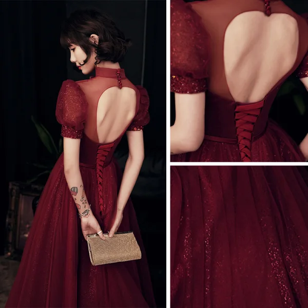 Vintage / Originale Bordeaux Robe De Soirée 2020 Princesse Col Haut Gonflée Manches Courtes Perlage Paillettes Glitter Tulle Longueur Cheville Volants Dos Nu Robe De Ceremonie