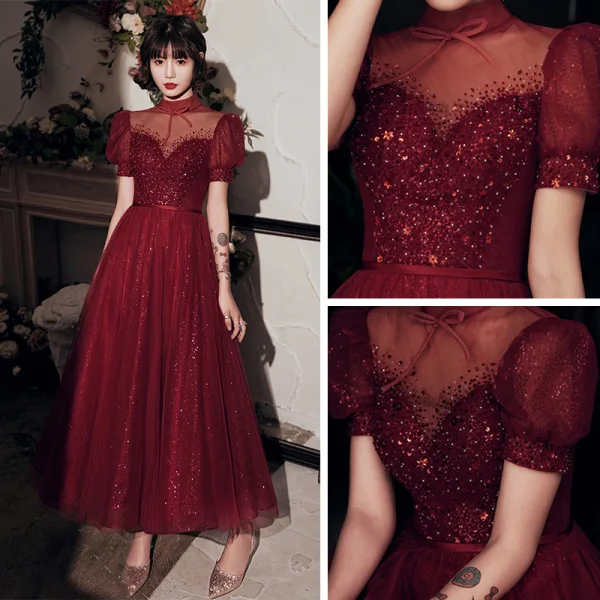 Vintage / Originale Bordeaux Robe De Soirée 2020 Princesse Col Haut Gonflée Manches Courtes Perlage Paillettes Glitter Tulle Longueur Cheville Volants Dos Nu Robe De Ceremonie