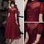 Vintage / Originale Bordeaux Robe De Soirée 2020 Princesse Col Haut Gonflée Manches Courtes Perlage Paillettes Glitter Tulle Longueur Cheville Volants Dos Nu Robe De Ceremonie