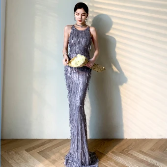 Fashion Purple Evening Dresses 2020 Trumpet Mermaid Scoop Neck Sleeveless Sequins Tassel Floor Length Long Ruffle Backless Formal Dresses