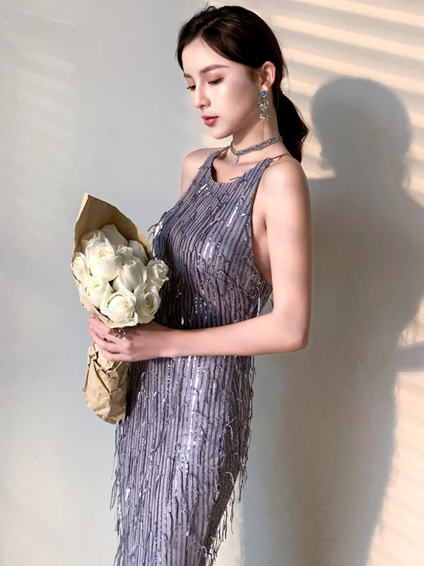 Fashion Purple Evening Dresses  2020 Trumpet / Mermaid Scoop Neck Sleeveless Sequins Tassel Floor-Length / Long Ruffle Backless Formal Dresses