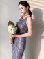 Fashion Purple Evening Dresses  2020 Trumpet / Mermaid Scoop Neck Sleeveless Sequins Tassel Floor-Length / Long Ruffle Backless Formal Dresses