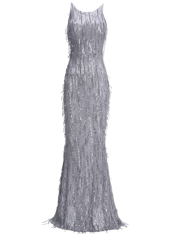Fashion Purple Evening Dresses  2020 Trumpet / Mermaid Scoop Neck Sleeveless Sequins Tassel Floor-Length / Long Ruffle Backless Formal Dresses