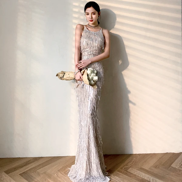 Fashion Purple Evening Dresses  2020 Trumpet / Mermaid Scoop Neck Sleeveless Sequins Tassel Floor-Length / Long Ruffle Backless Formal Dresses