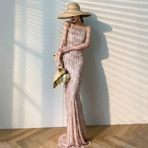 Fashion Purple Evening Dresses  2020 Trumpet / Mermaid Scoop Neck Sleeveless Sequins Tassel Floor-Length / Long Ruffle Backless Formal Dresses