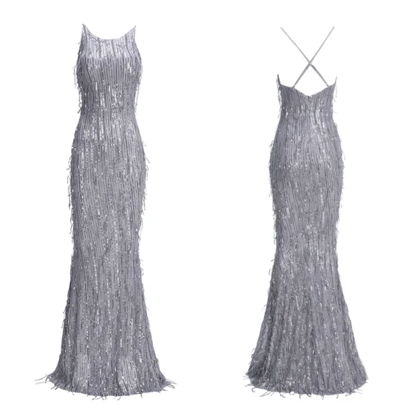 Fashion Purple Evening Dresses  2020 Trumpet / Mermaid Scoop Neck Sleeveless Sequins Tassel Floor-Length / Long Ruffle Backless Formal Dresses