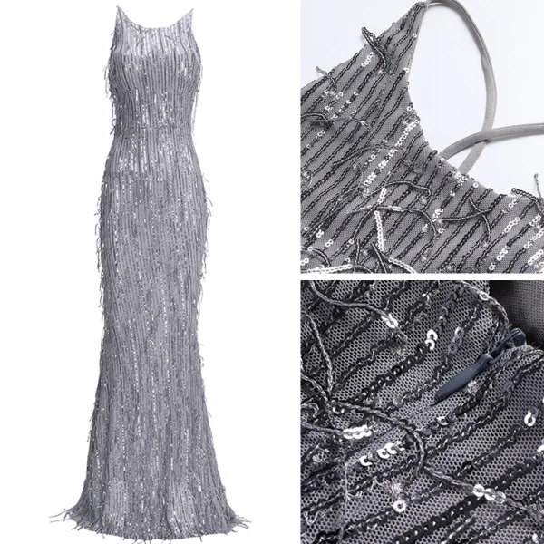 Fashion Purple Evening Dresses  2020 Trumpet / Mermaid Scoop Neck Sleeveless Sequins Tassel Floor-Length / Long Ruffle Backless Formal Dresses