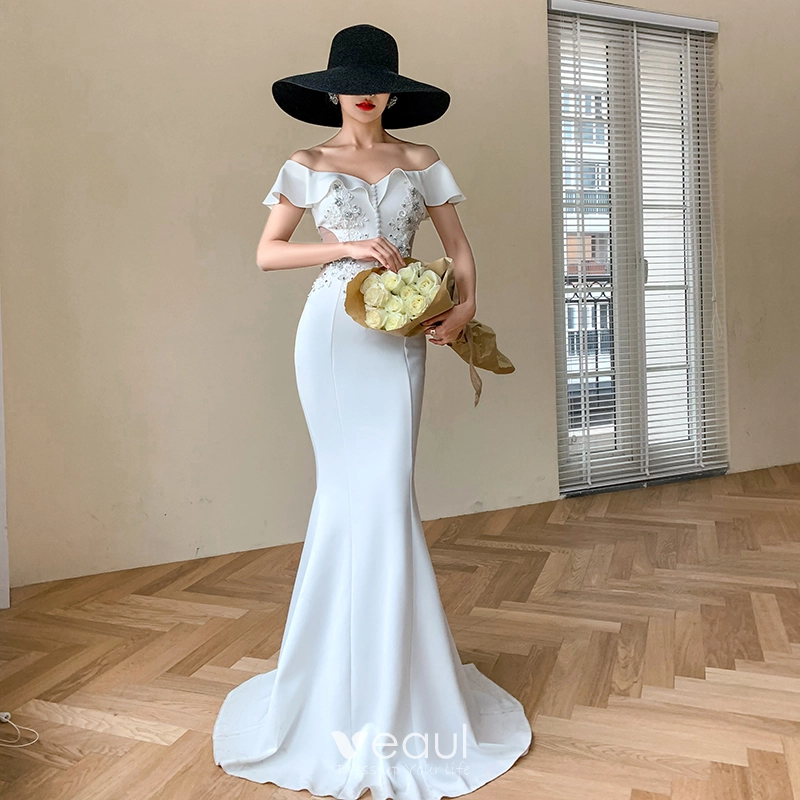 Chic / Beautiful White Evening Dresses 2020 Trumpet / Mermaid  Off-The-Shoulder Short Sleeve Appliques Lace Beading Sequins Floor-Length /  Long Ruffle Backless Formal Dresses