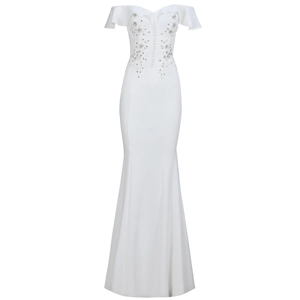Chic / Beautiful White Evening Dresses 2020 Trumpet / Mermaid Off-The-Shoulder Short Sleeve Appliques Lace Beading Sequins Floor-Length / Long Ruffle Backless Formal Dresses
