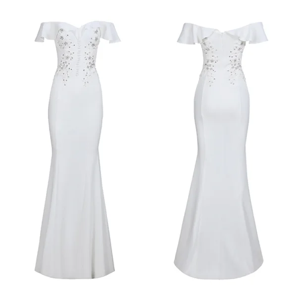 Chic / Beautiful White Evening Dresses 2020 Trumpet / Mermaid Off-The-Shoulder Short Sleeve Appliques Lace Beading Sequins Floor-Length / Long Ruffle Backless Formal Dresses