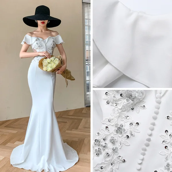 Chic / Beautiful White Evening Dresses 2020 Trumpet / Mermaid Off-The-Shoulder Short Sleeve Appliques Lace Beading Sequins Floor-Length / Long Ruffle Backless Formal Dresses