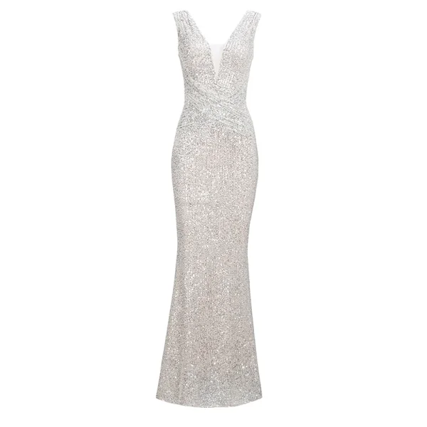 Scintillantes Argenté Paillettes Robe De Soirée 2020 Trompette / Sirène Transparentes Col v profond Sans Manches Longue Dos Nu Robe De Ceremonie