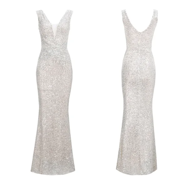 Scintillantes Argenté Paillettes Robe De Soirée 2020 Trompette / Sirène Transparentes Col v profond Sans Manches Longue Dos Nu Robe De Ceremonie
