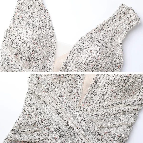 Scintillantes Argenté Paillettes Robe De Soirée 2020 Trompette / Sirène Transparentes Col v profond Sans Manches Longue Dos Nu Robe De Ceremonie