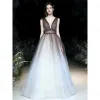 Sexy Brown Gradient-Color White Prom Dresses 2020 Ball Gown See-through Deep V-Neck Sleeveless Sash Glitter Tulle Floor-Length / Long Ruffle Backless Formal Dresses
