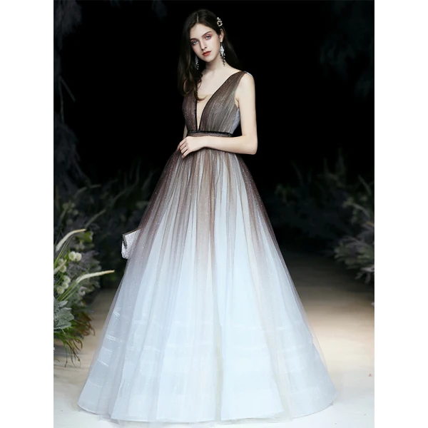 Sexy Braun Farbverlauf Weiß Ballkleider 2020 Ballkleid Durchsichtige Tiefer V-Ausschnitt Ärmellos Stoffgürtel Glanz Tülle Lange Rüschen Rückenfreies Festliche Kleider