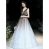 Sexy Brown Gradient-Color White Prom Dresses 2020 Ball Gown See-through Deep V-Neck Sleeveless Sash Glitter Tulle Floor-Length / Long Ruffle Backless Formal Dresses