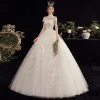 Affordable White Outdoor / Garden Wedding Dresses 2020 Ball Gown High Neck Short Sleeve Backless Appliques Lace Sequins Beading Pearl Floor-Length / Long Ruffle