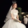 Affordable White Outdoor / Garden Wedding Dresses 2020 Ball Gown High Neck Short Sleeve Backless Appliques Lace Sequins Beading Pearl Floor-Length / Long Ruffle