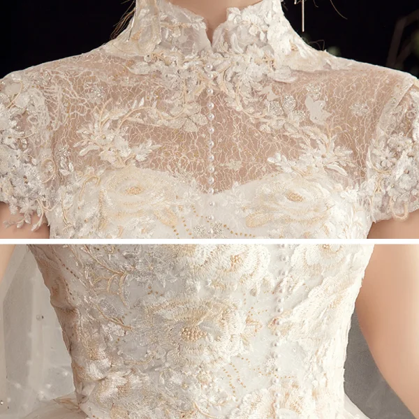 Affordable White Outdoor / Garden Wedding Dresses 2020 Ball Gown High Neck Short Sleeve Backless Appliques Lace Sequins Beading Pearl Floor-Length / Long Ruffle