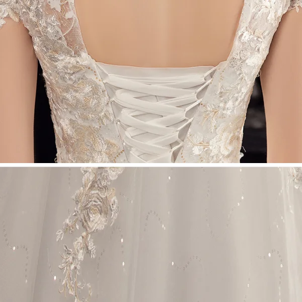 Affordable White Outdoor / Garden Wedding Dresses 2020 Ball Gown High Neck Short Sleeve Backless Appliques Lace Sequins Beading Pearl Floor-Length / Long Ruffle