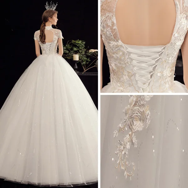 Affordable White Outdoor / Garden Wedding Dresses 2020 Ball Gown High Neck Short Sleeve Backless Appliques Lace Sequins Beading Pearl Floor-Length / Long Ruffle