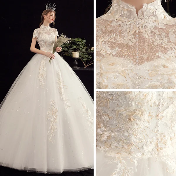 Affordable White Outdoor / Garden Wedding Dresses 2020 Ball Gown High Neck Short Sleeve Backless Appliques Lace Sequins Beading Pearl Floor-Length / Long Ruffle