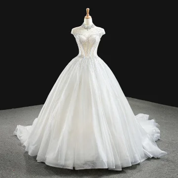 Luxe Blanche La Mariée Robe De Mariée 2020 Robe Boule Transparentes Col Haut Sans Manches Dos Nu Fait Main Perlage Glitter Tulle Chapel Train