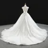Luxury / Gorgeous White Bridal Wedding Dresses 2020 Ball Gown See-through High Neck Sleeveless Backless Handmade  Beading Glitter Tulle Chapel Train