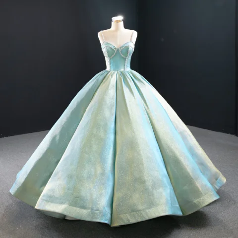 Luxury / Gorgeous Mint Green Satin Prom Dresses 2020 Ball Gown Spaghetti Straps Sleeveless Beading Floor-Length / Long Ruffle Backless Formal Dresses
