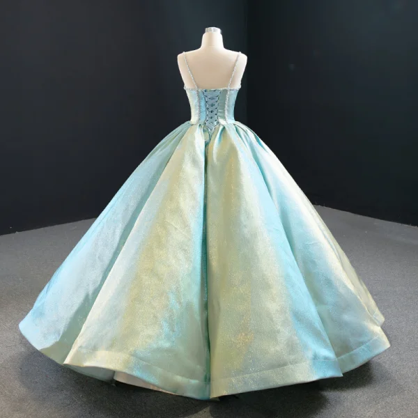 Luxury / Gorgeous Mint Green Satin Prom Dresses 2020 Ball Gown Spaghetti Straps Sleeveless Beading Floor-Length / Long Ruffle Backless Formal Dresses