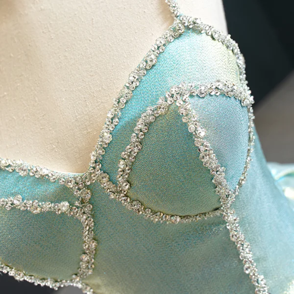 Luxury / Gorgeous Mint Green Satin Prom Dresses 2020 Ball Gown Spaghetti Straps Sleeveless Beading Floor-Length / Long Ruffle Backless Formal Dresses