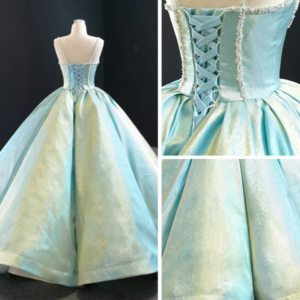 Luxury / Gorgeous Mint Green Satin Prom Dresses 2020 Ball Gown Spaghetti Straps Sleeveless Beading Floor-Length / Long Ruffle Backless Formal Dresses
