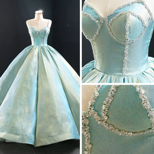Luxury / Gorgeous Mint Green Satin Prom Dresses 2020 Ball Gown Spaghetti Straps Sleeveless Beading Floor-Length / Long Ruffle Backless Formal Dresses