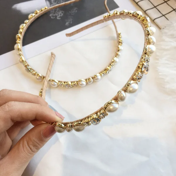 Snygga / Fina Guld Hair Hoop 2020 Rhinestone Pärla Hårsmycken