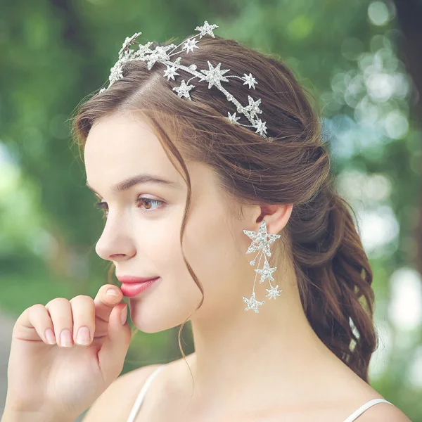Eleganta Silver Tiara Brud Huvudbonad 2020 Metall Rhinestone Kristall Bröllop Tillbehör
