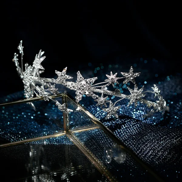 Eleganta Silver Tiara Brud Huvudbonad 2020 Metall Rhinestone Kristall Bröllop Tillbehör