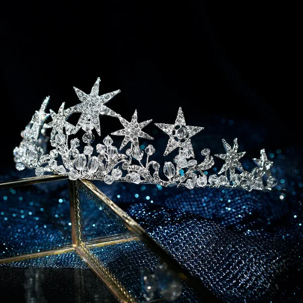 Eleganta Silver Tiara Brud Huvudbonad 2020 Metall Rhinestone Kristall Bröllop Tillbehör